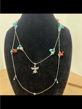 Southwestern Fetish liquid silver 925 Necklace with Turquoise & Coral Accents